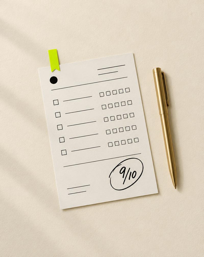 Scorecard with checkboxes and a gold pen